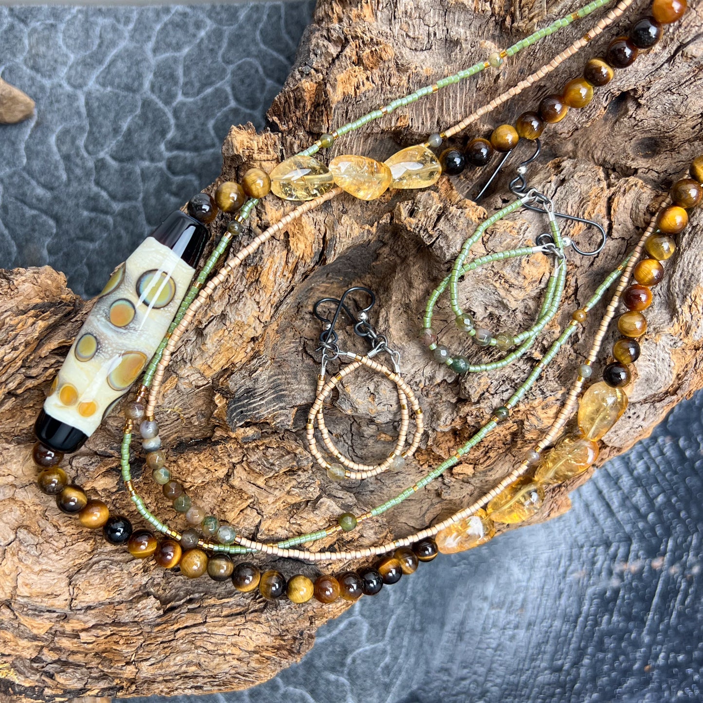 Lampwork and Gemstone Necklace in Amber