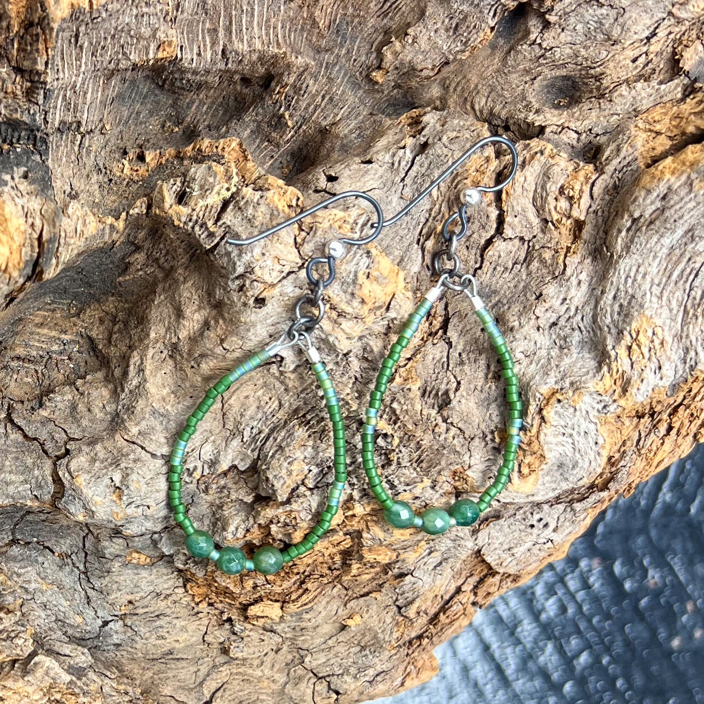 Gemstone and Seed Bead Earrings in Forest Green