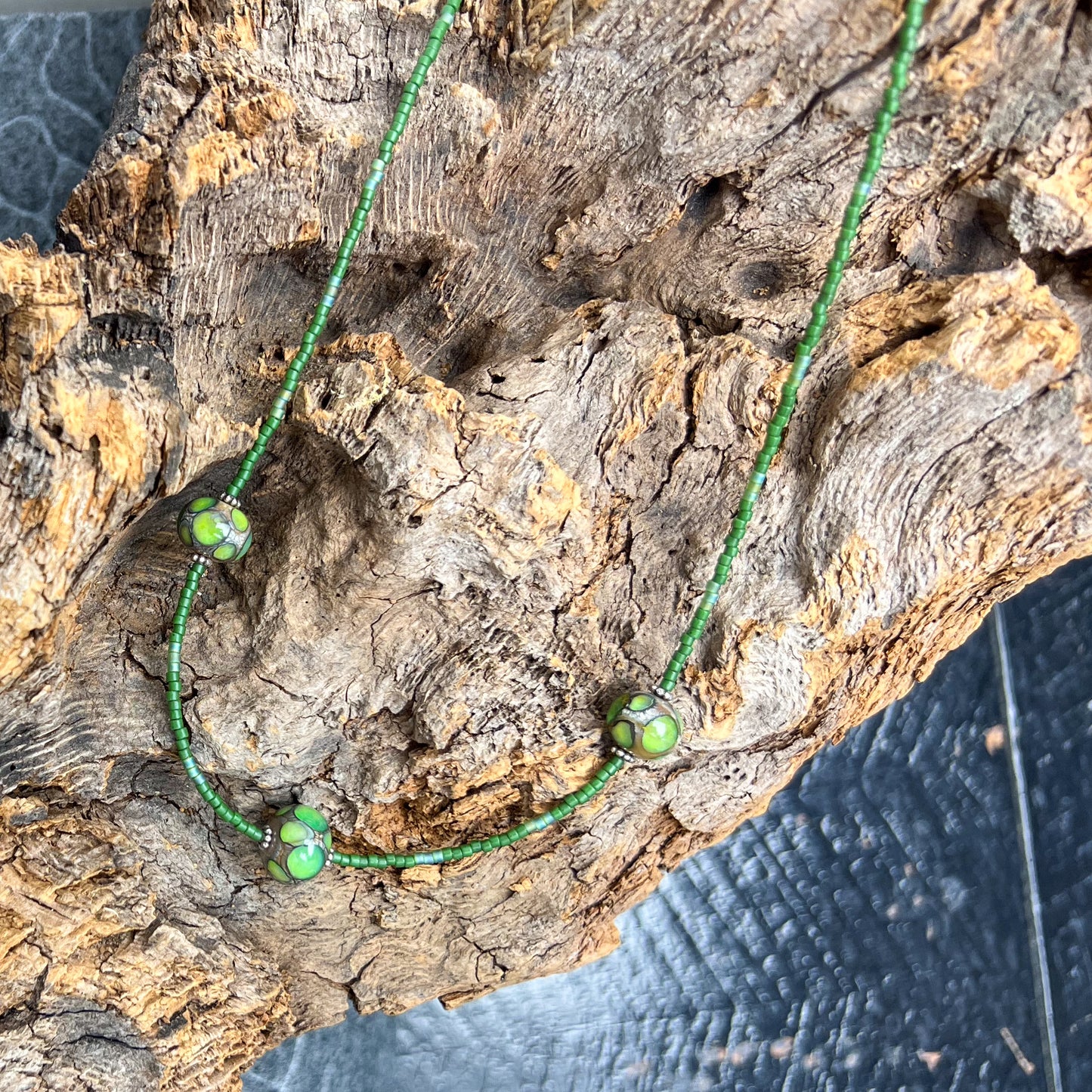 Lampwork and Seed Bead Necklace in Green