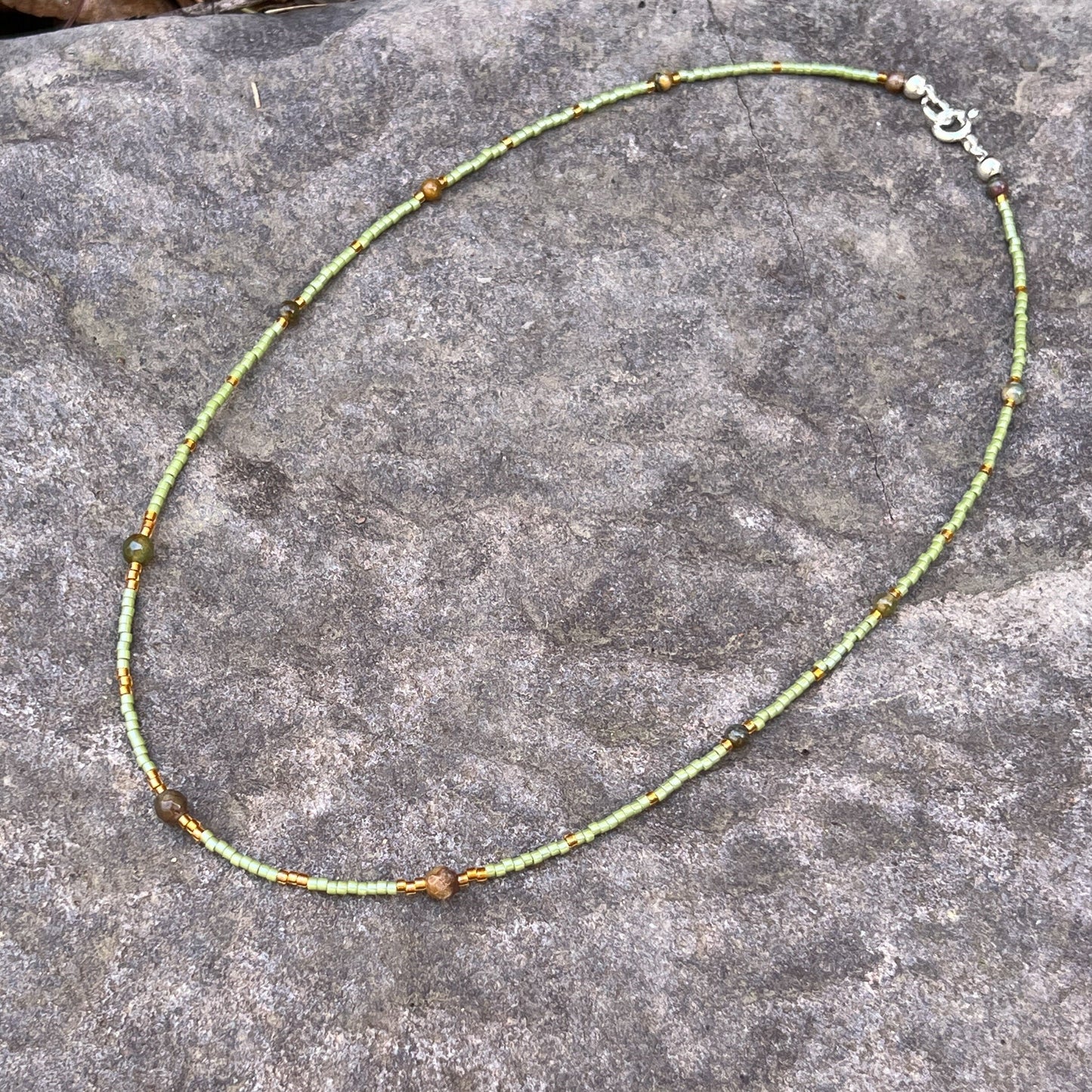 Gemstone and Seed Bead Necklace in Green and Amber