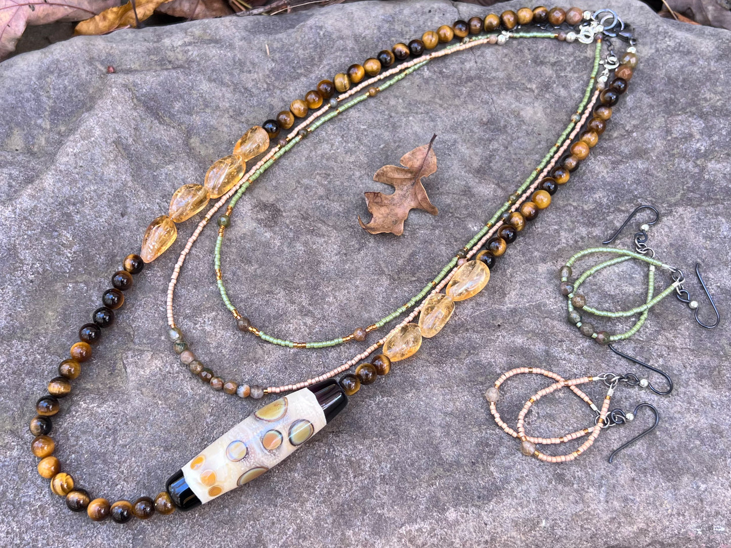 Gemstone and Seed Bead Necklace in Green and Amber