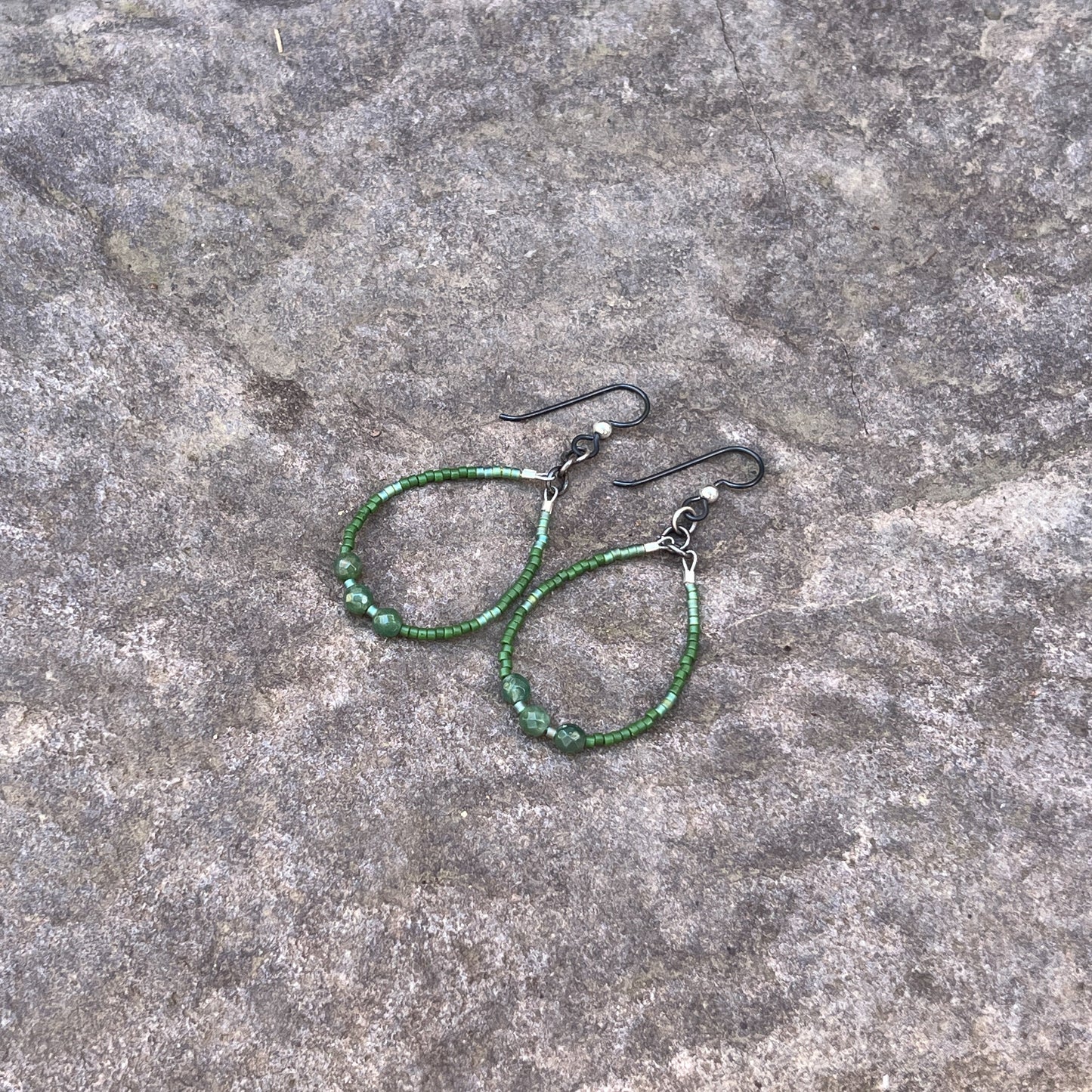 Gemstone and Seed Bead Earrings in Forest Green