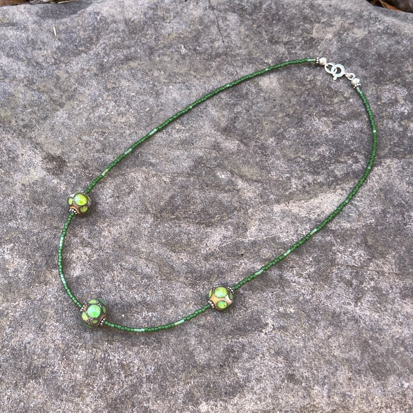 Lampwork and Seed Bead Necklace in Green