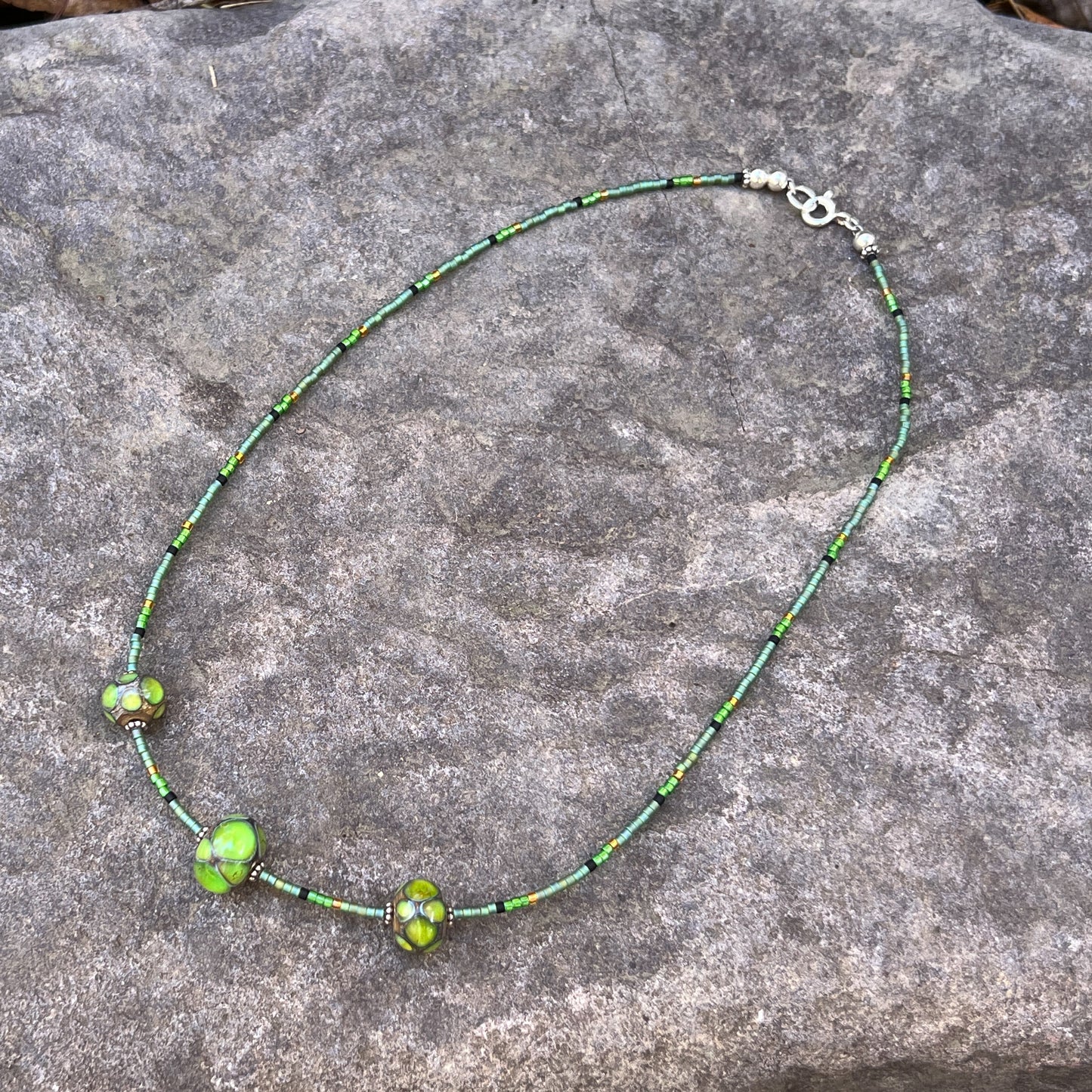 Lampwork and Seed Bead Necklace in Green Multi