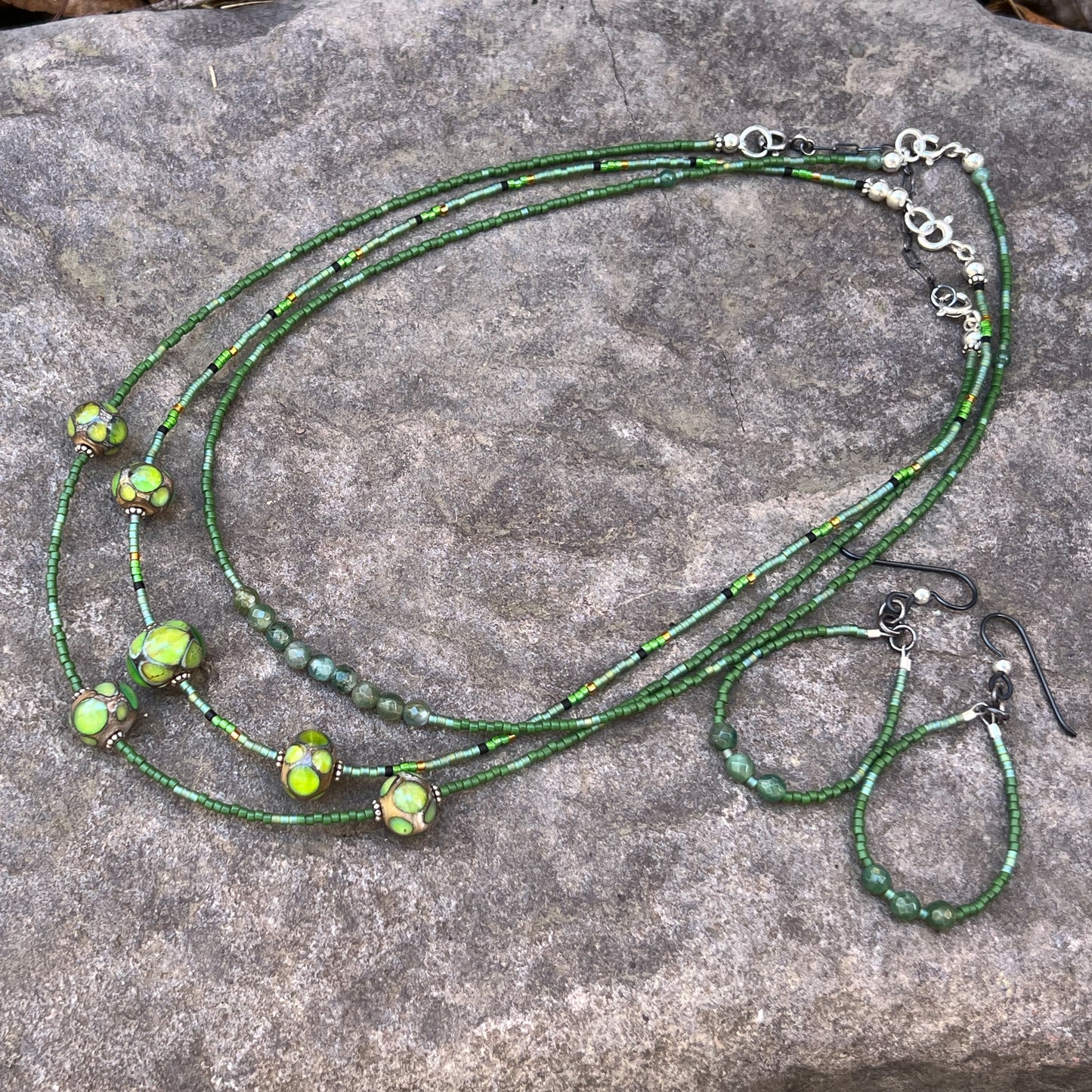 Lampwork and Seed Bead Necklace in Green Multi