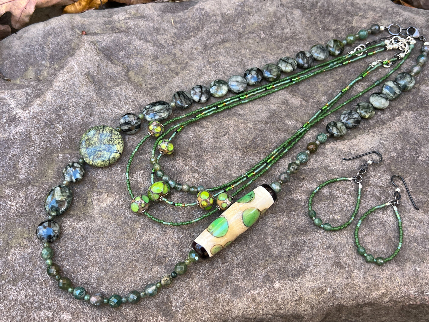 Gemstone and Seed Bead Earrings in Forest Green